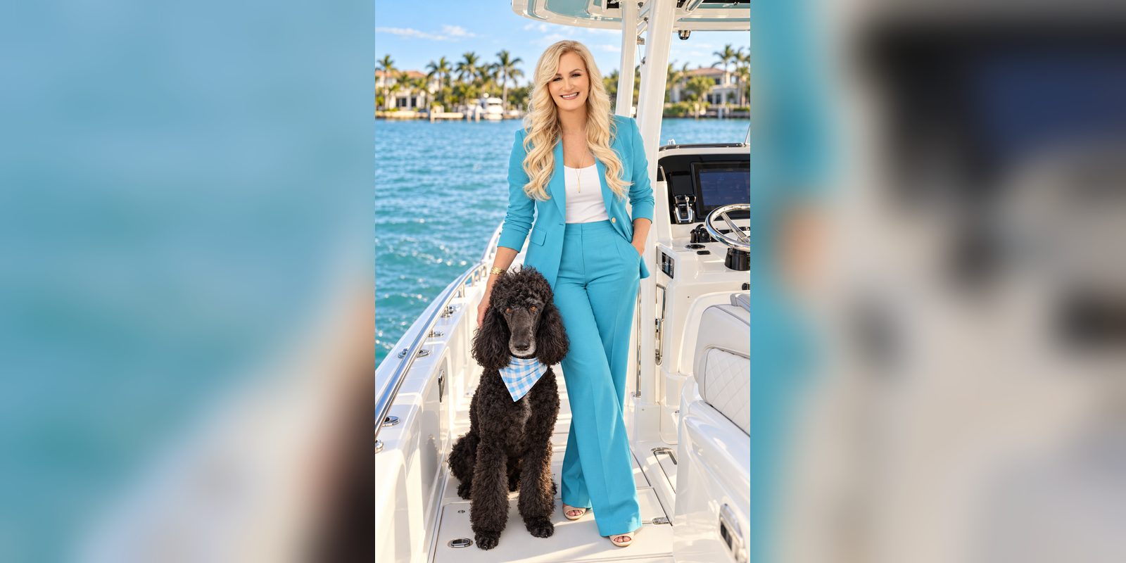 Jennifer Jones of The Jennifer Jones Team, LPT Realty, Brokerage, in a turquoise suit with her black standard poodle on a boat