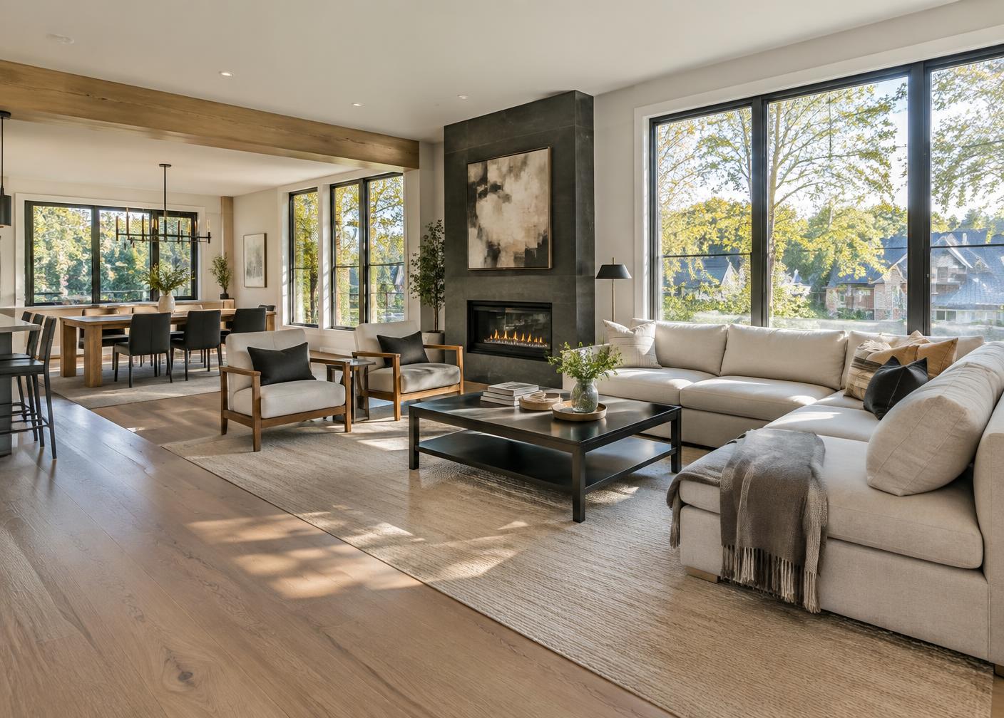 Bright Ontario home interior with warm wood and black accents